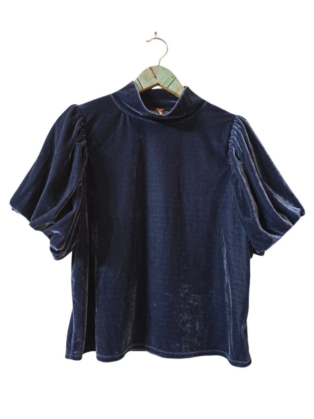 Free People Anthropologie Claudia Velour Short Puff Sleeve Mock Neck Top, L